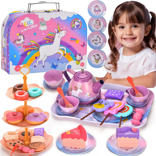 Unicorn Tea Party Set for Little Girls, 48pcs Princess Tea Time Kitchen Pretend Play Toys, Including Dessert Cookies Teapot, Birthday Christmas Gift for Girls Age 3-6