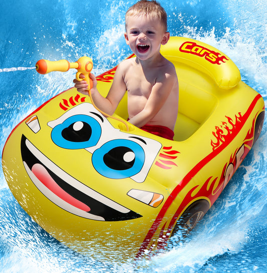 Inflatable Pool Float for Kids, Cute Car Boat Floats with Steering Wheel, Summer Toys for Toddler Boys Girls Kids 2-8