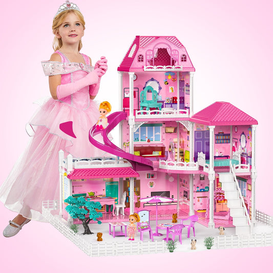 Dollhouse Toys for Girls, 6 Rooms Doll House Furnitures with Slide, Dream House Doll House for Girls Boys Age 3+