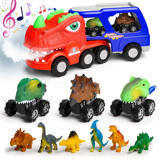 Dinosaur Toy Cars Smoke Light-up Carrier Truck for Kids, 10 in 1 Cartoon Vehicles Playset with Double-Decker, Christmas Gift Toys for 2 3 4 5 6 Year Old Boys Grils