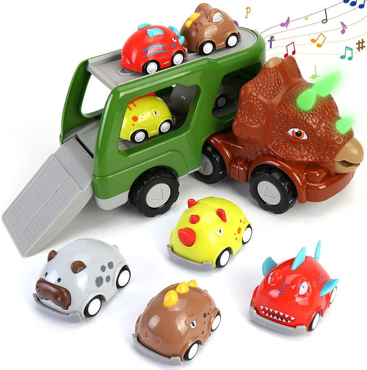 Car Toy for 2 3 4 5 Years Old Boys, with 4 Pack Small Pull Back Dino Car, Transport Carrier Truck Set Christmas Birthday Gift for 18M+ Kids Toddler