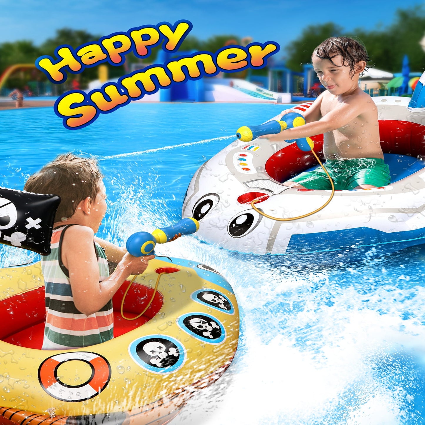 2 Pack Inflatable Kids Pool Float with Water Gun,Pirate Boat&Airplane Swimming Pool Toys for 3-8 Year Old Boys Girls